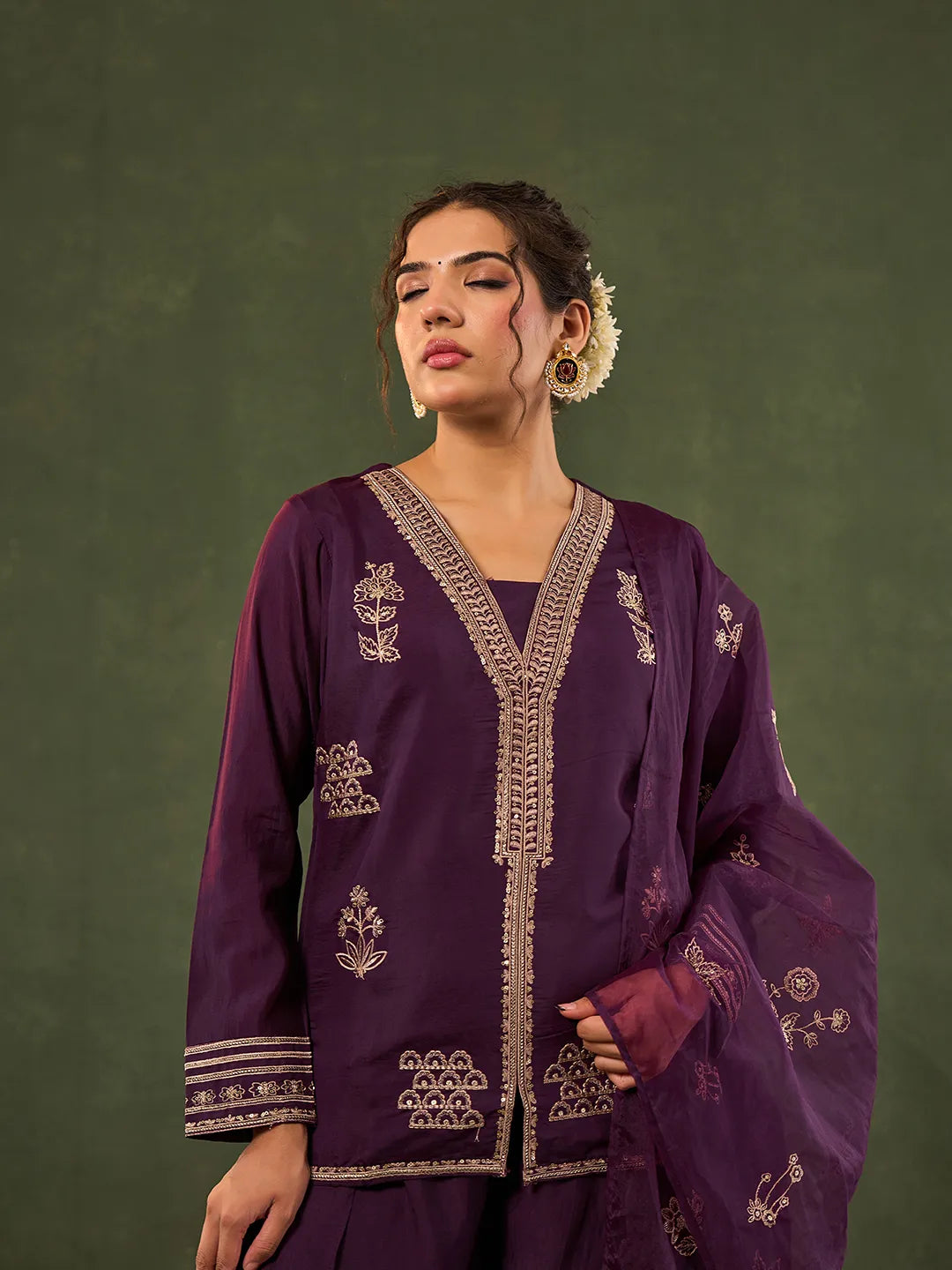 Burgundy Embroidered Straight Silk Blend Long Sleeves Kurti Palazzo Dupatta Set