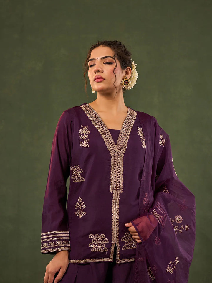 Burgundy Embroidered Straight Silk Blend Long Sleeves Kurti Palazzo Dupatta Set