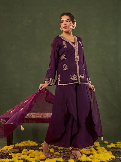 Burgundy Embroidered Straight Silk Blend Long Sleeves Kurti Palazzo Dupatta Set