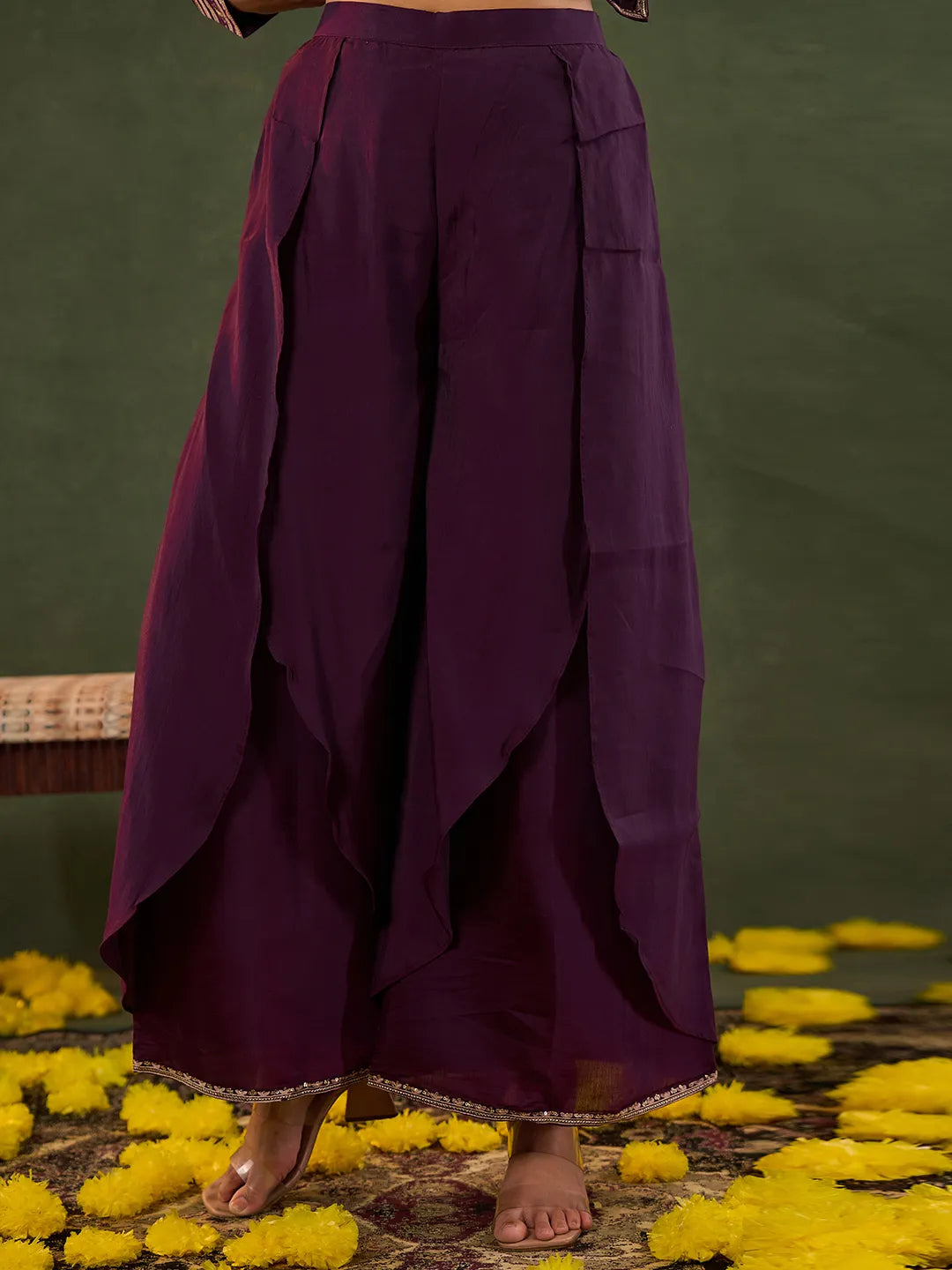 Burgundy Embroidered Straight Silk Blend Long Sleeves Kurti Palazzo Dupatta Set