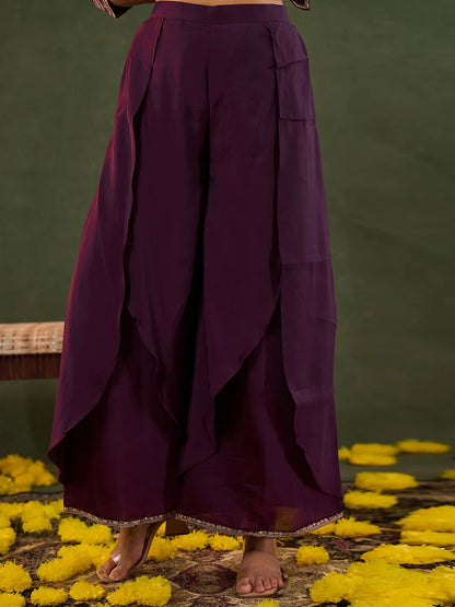 Burgundy Embroidered Straight Silk Blend Long Sleeves Kurti Palazzo Dupatta Set