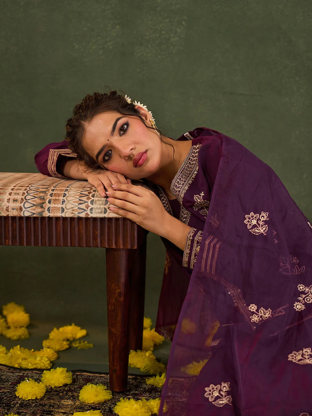 Burgundy Embroidered Straight Silk Blend Long Sleeves Kurti Palazzo Dupatta Set