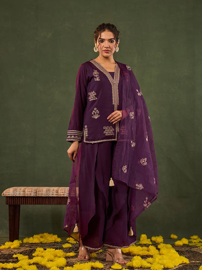 Burgundy Embroidered Straight Silk Blend Long Sleeves Kurti Palazzo Dupatta Set