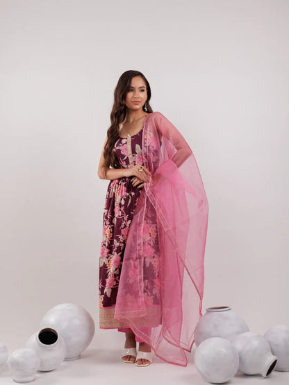 Burgundy Floral Print Cotton Fit And Flare Kurta Trouser & Dupatta Set
