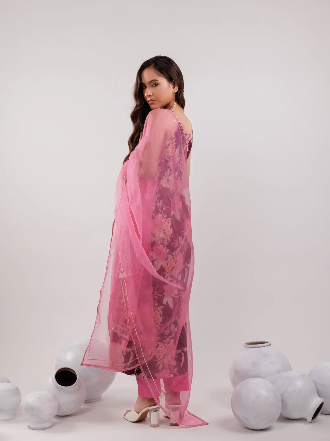 Burgundy Floral Print Cotton Fit And Flare Kurta Trouser & Dupatta Set