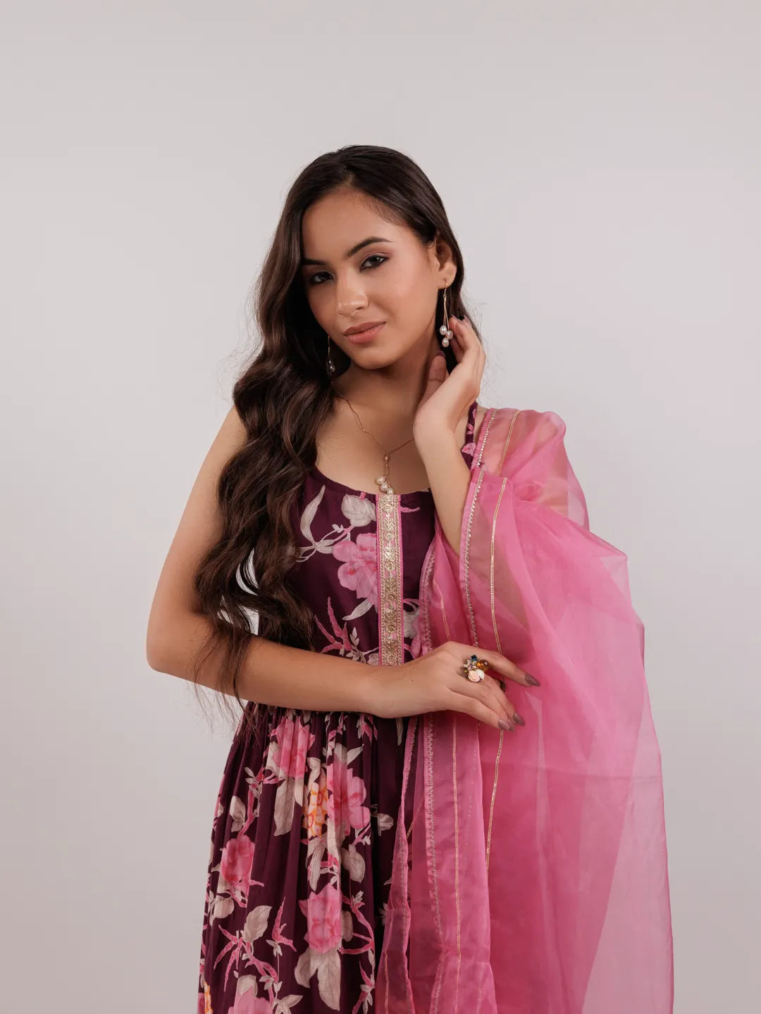 Burgundy Floral Print Cotton Fit And Flare Kurta Trouser & Dupatta Set