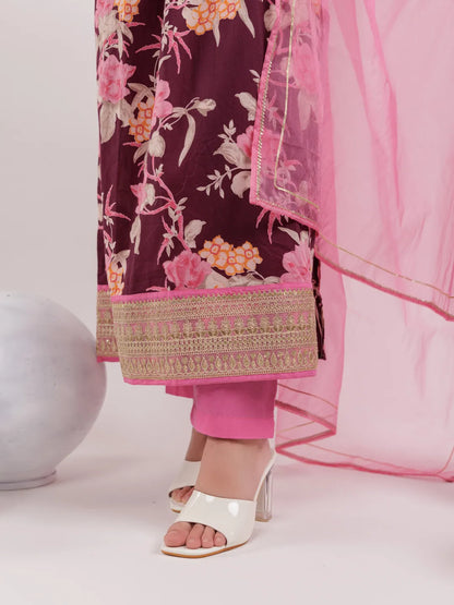 Burgundy Floral Print Cotton Fit And Flare Kurta Trouser & Dupatta Set