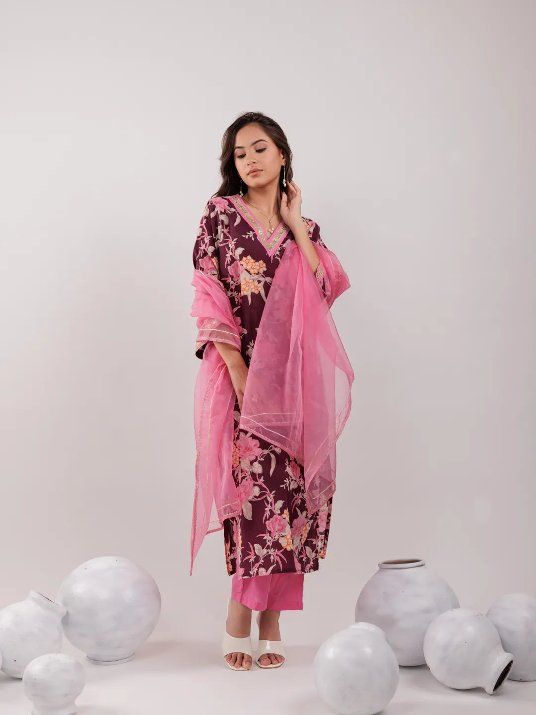 Burgundy Floral Print Cotton Straight Kurta Trouser With Dupatta Set