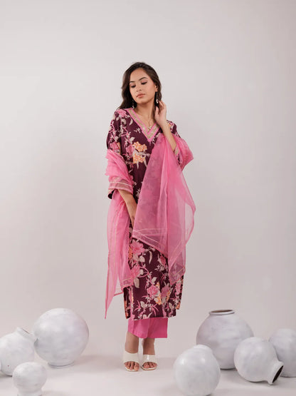 Burgundy Floral Print Cotton Straight Kurta Trouser With Dupatta Set