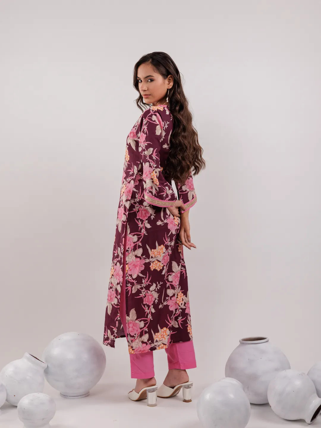 Burgundy Floral Print Cotton Straight Kurta Trouser With Dupatta Set