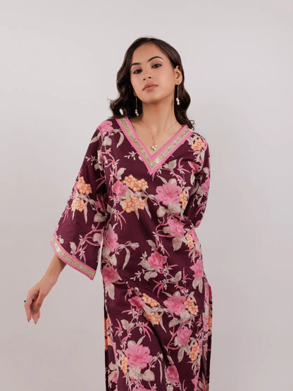 Burgundy Floral Print Cotton Straight Kurta Trouser With Dupatta Set