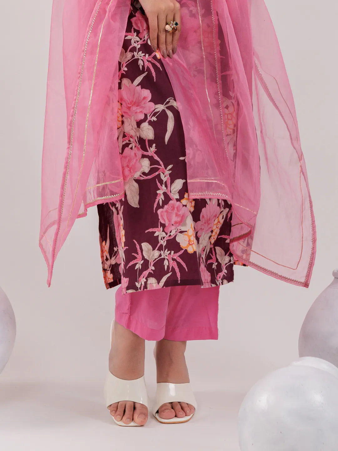 Burgundy Floral Print Cotton Straight Kurta Trouser With Dupatta Set