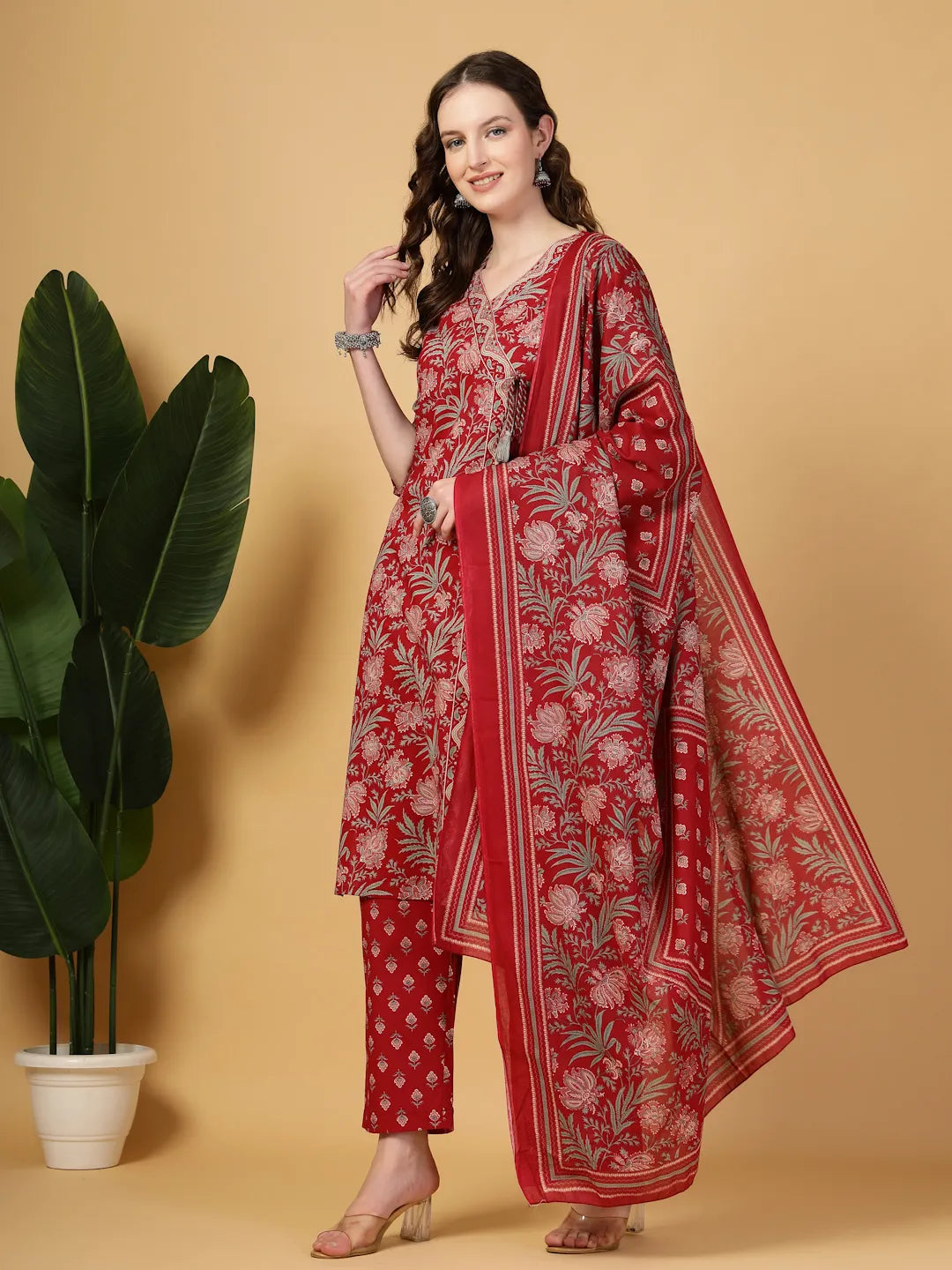 Burgundy Floral Print Straight Kurta Trouser Dupatta Set