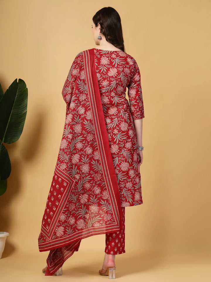 Burgundy Floral Print Straight Kurta Trouser Dupatta Set
