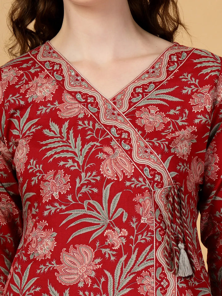 Burgundy Floral Print Straight Kurta Trouser Dupatta Set