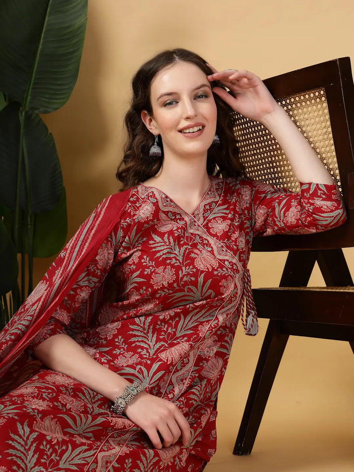 Burgundy Floral Print Straight Kurta Trouser Dupatta Set