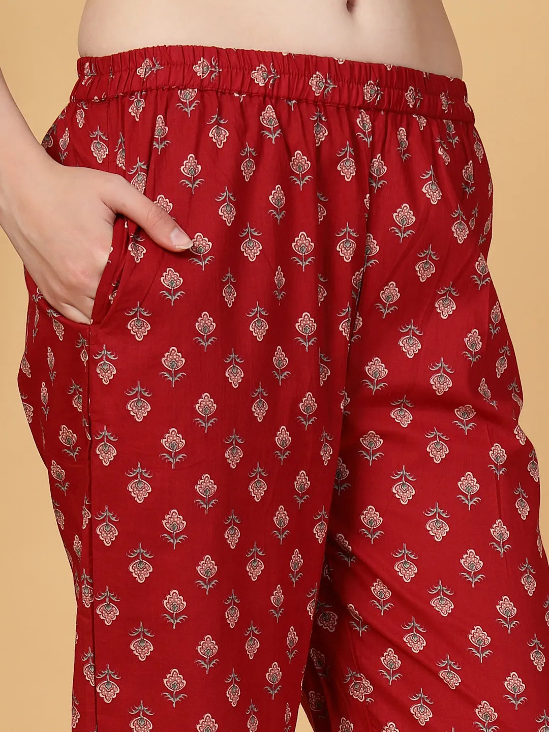 Burgundy Floral Print Straight Kurta Trouser Dupatta Set