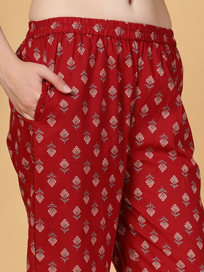 Burgundy Floral Print Straight Kurta Trouser Dupatta Set