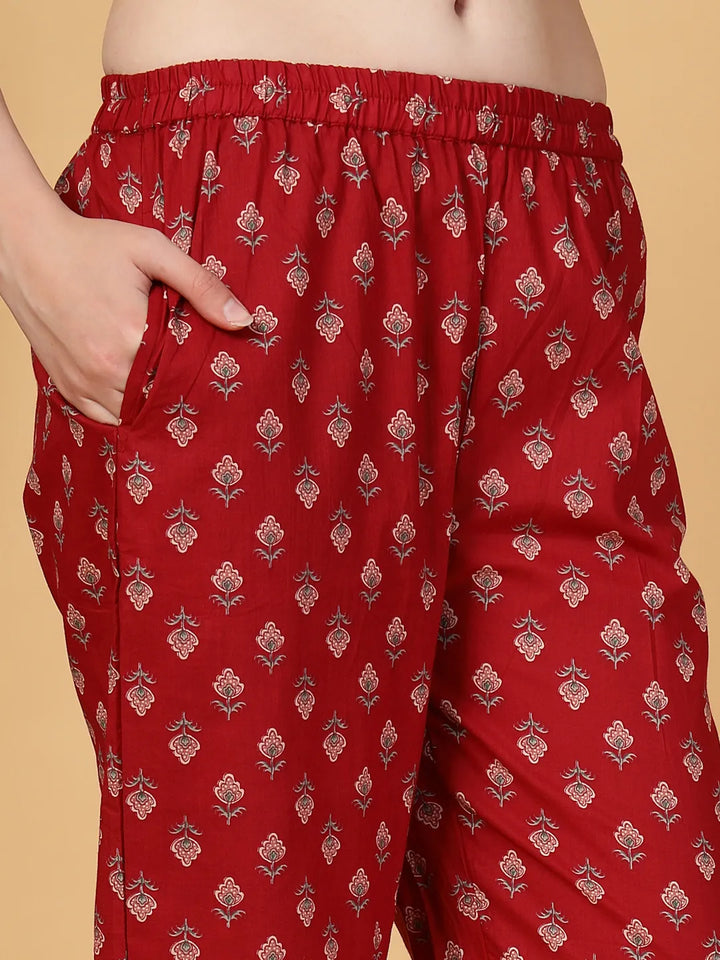 Burgundy Floral Print Straight Kurta Trouser Dupatta Set