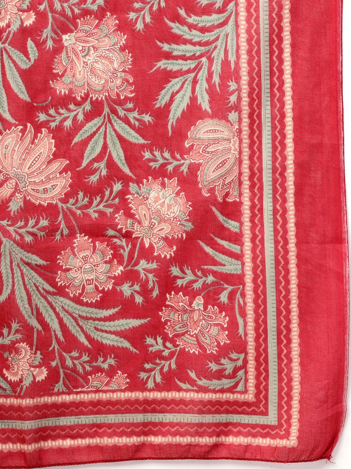 Burgundy Floral Print Straight Kurta Trouser Dupatta Set
