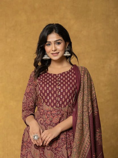 Burgundy Sequins Work Cotton Anarkali Kurta Dupatta Set