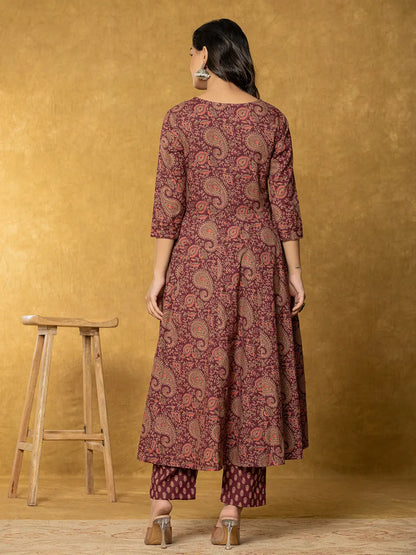 Burgundy Sequins Work Cotton Anarkali Kurta Dupatta Set