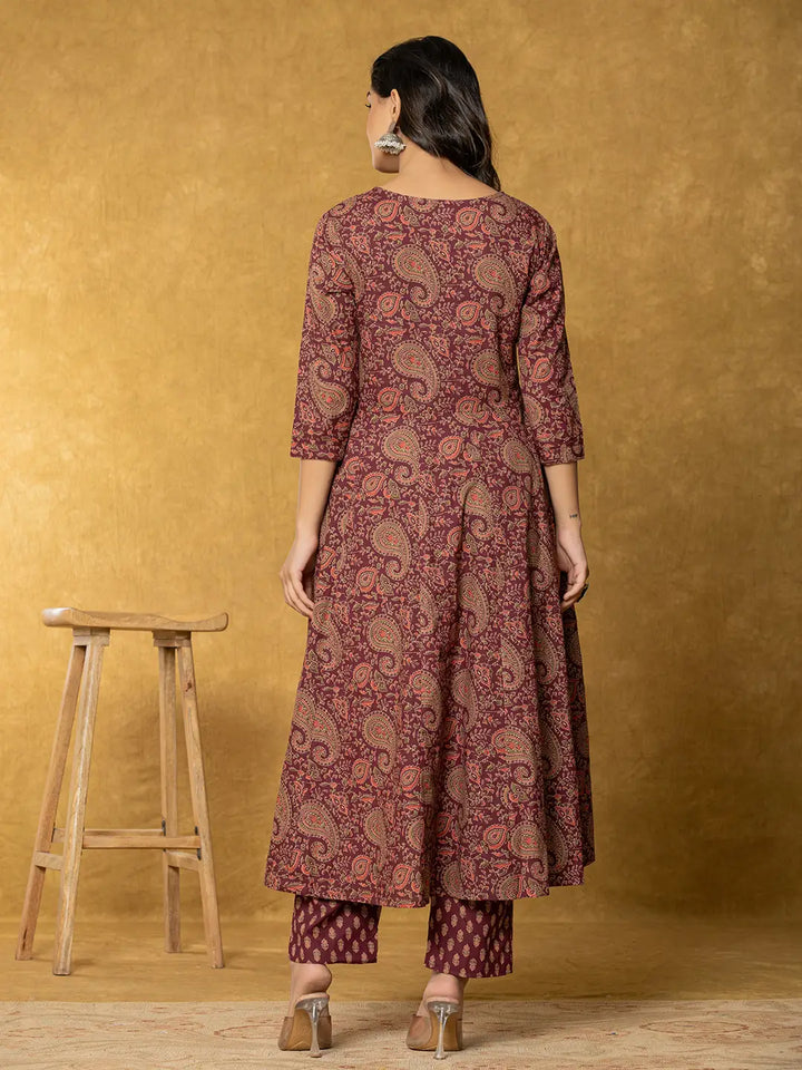 Burgundy Sequins Work Cotton Anarkali Kurta Dupatta Set