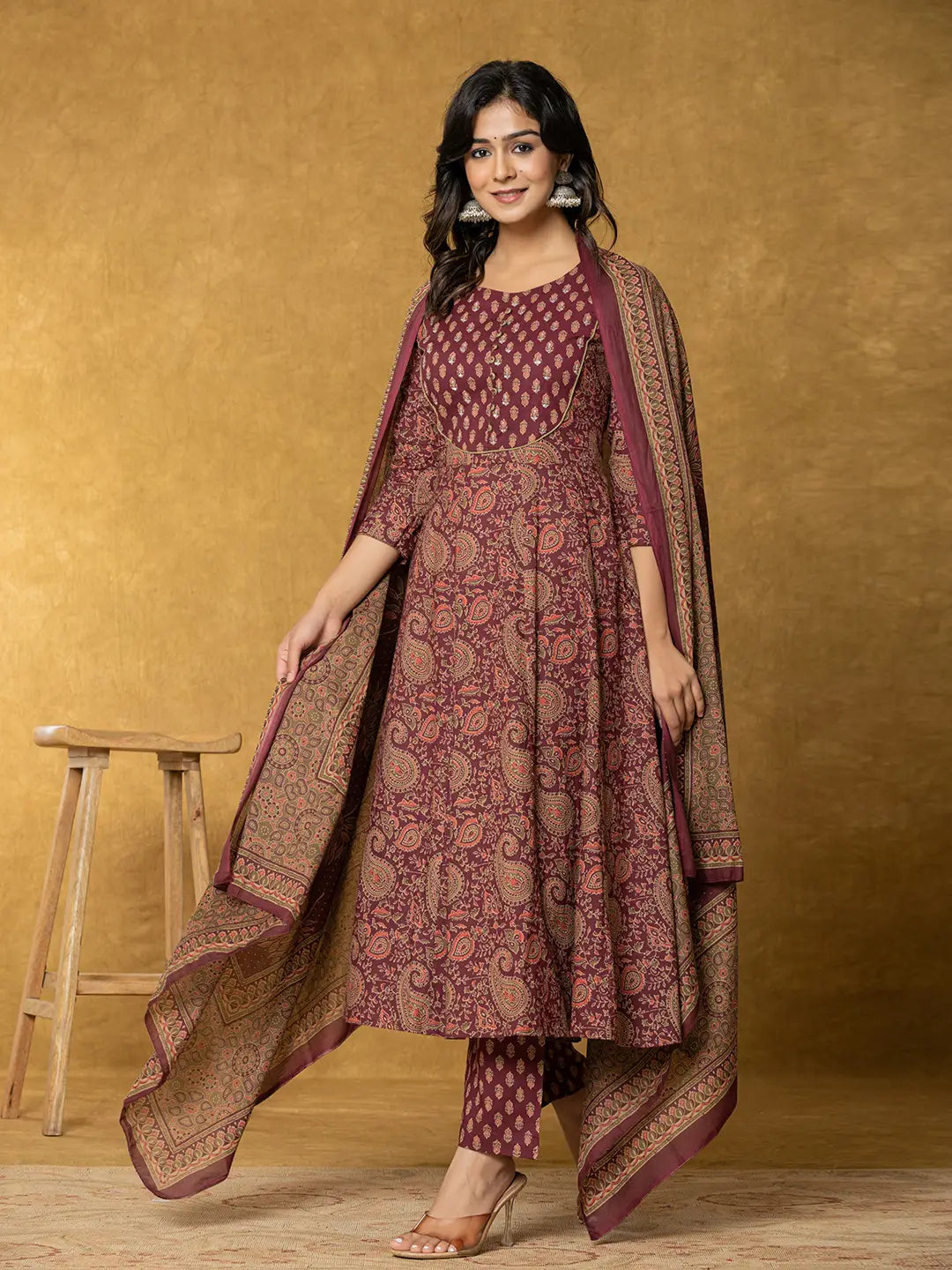Burgundy Sequins Work Cotton Anarkali Kurta Dupatta Set
