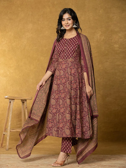 Burgundy Sequins Work Cotton Anarkali Kurta Dupatta Set