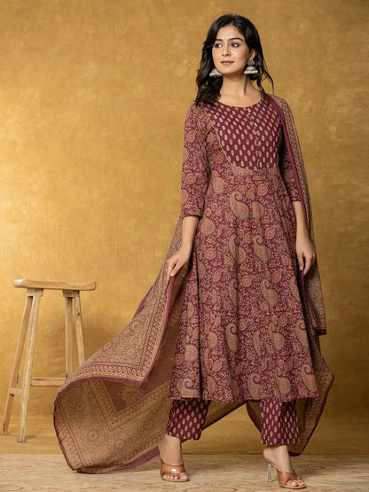 Burgundy Sequins Work Cotton Anarkali Kurta Dupatta Set