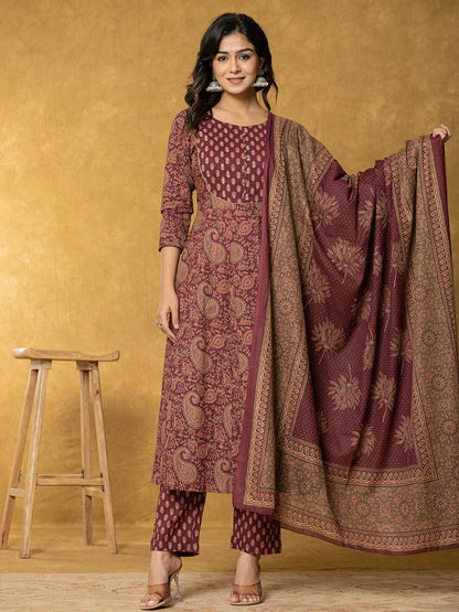 Burgundy Sequins Work Cotton Anarkali Kurta Dupatta Set