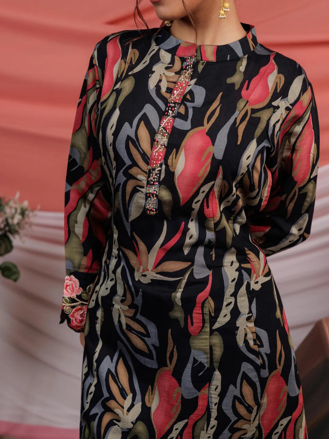 Chanderi Black Printed Kurta Dupatta Set