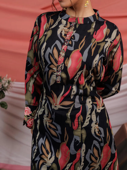 Chanderi Black Printed Kurta Dupatta Set