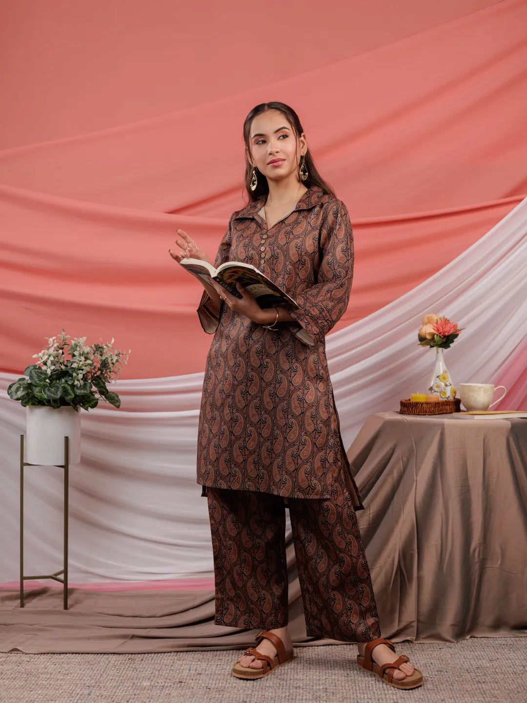 Cotton Black Digital Printed Workwear Co Ord Set With Pintuck Detailing On Sleeves