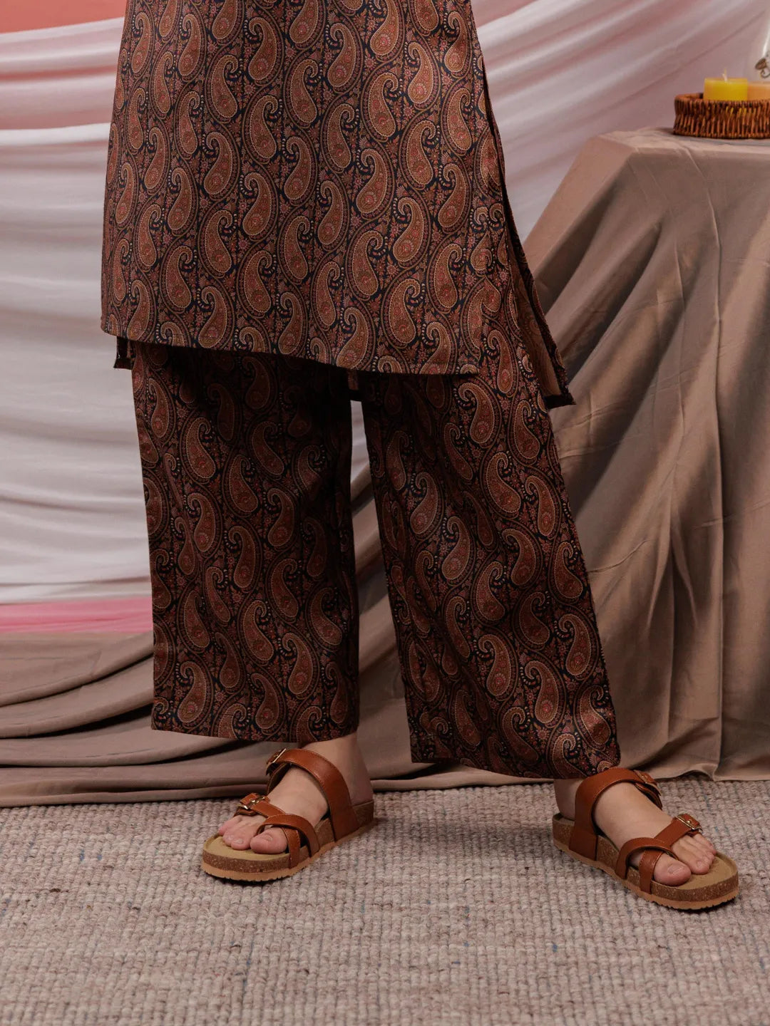 Cotton Black Digital Printed Workwear Co Ord Set With Pintuck Detailing On Sleeves