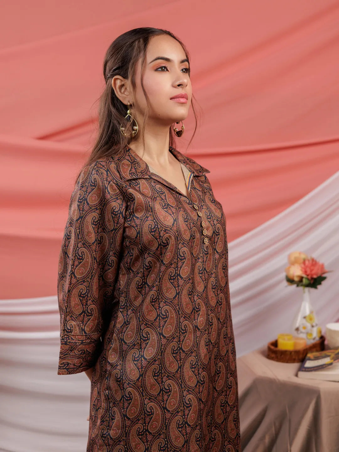 Cotton Black Digital Printed Workwear Co Ord Set With Pintuck Detailing On Sleeves