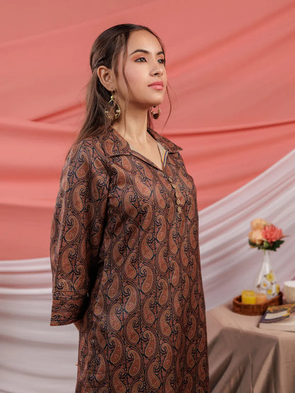 Cotton Black Digital Printed Workwear Co Ord Set With Pintuck Detailing On Sleeves