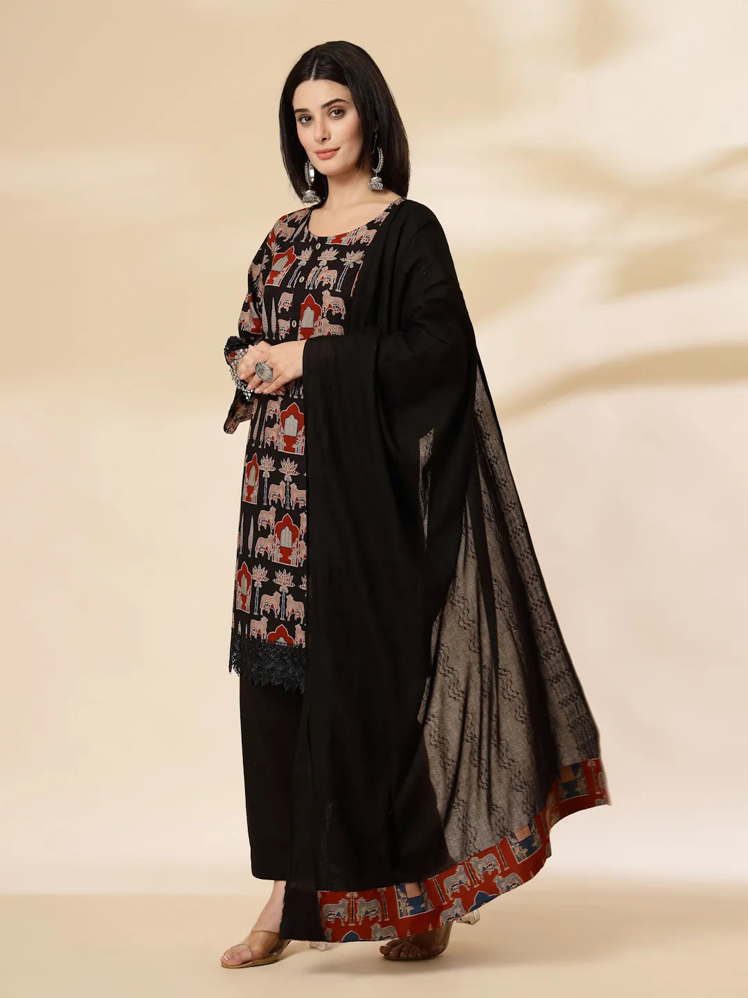 Cotton Black Pakistani Kurta Dupatta Set