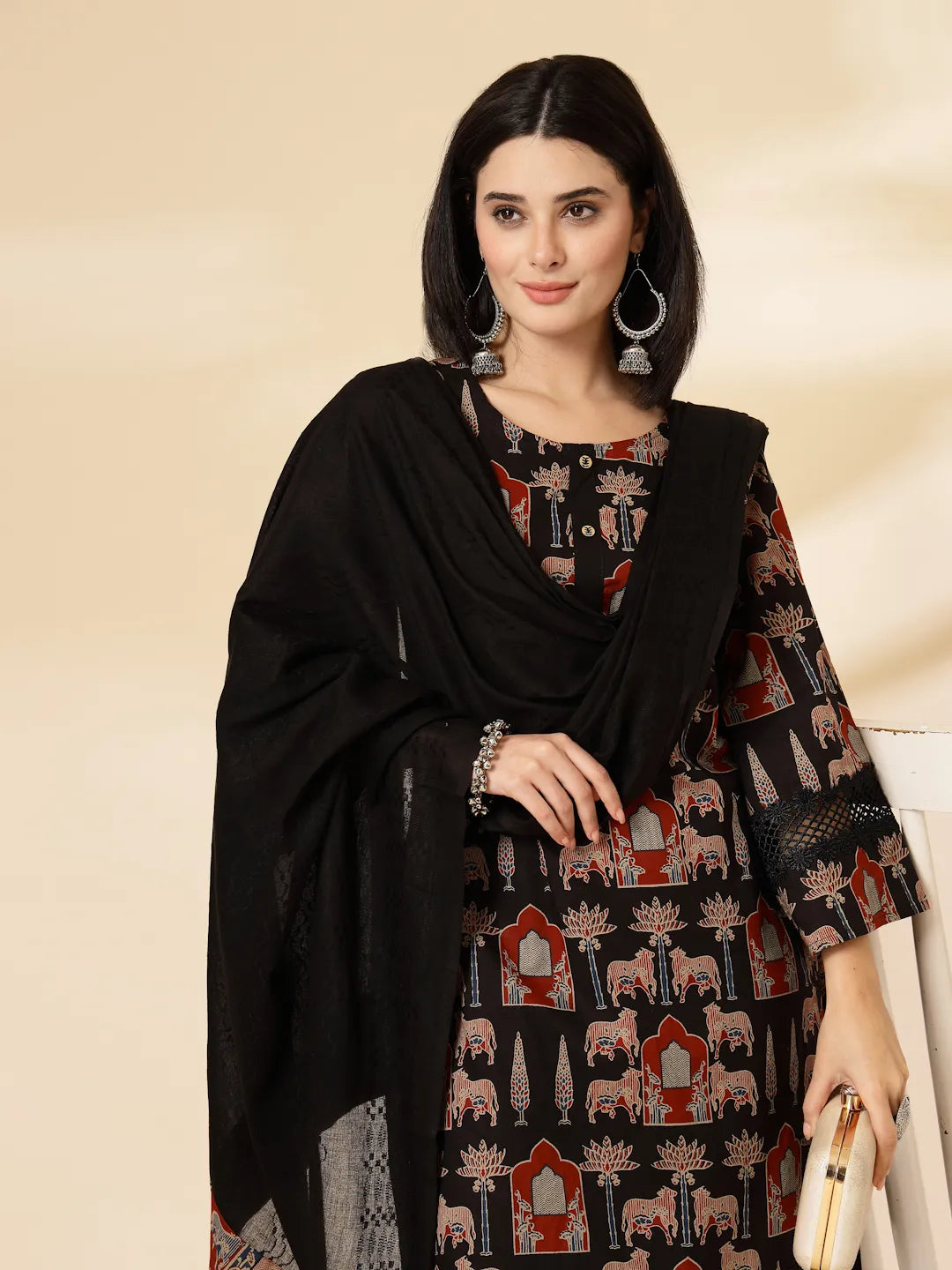 Cotton Black Pakistani Kurta Dupatta Set