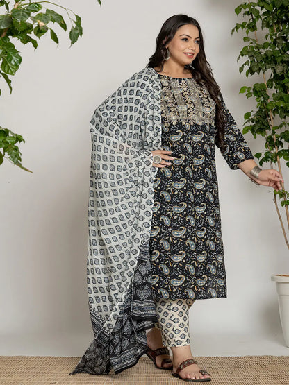 Cotton Black Printed Plus Size Kurta Dupatta Set