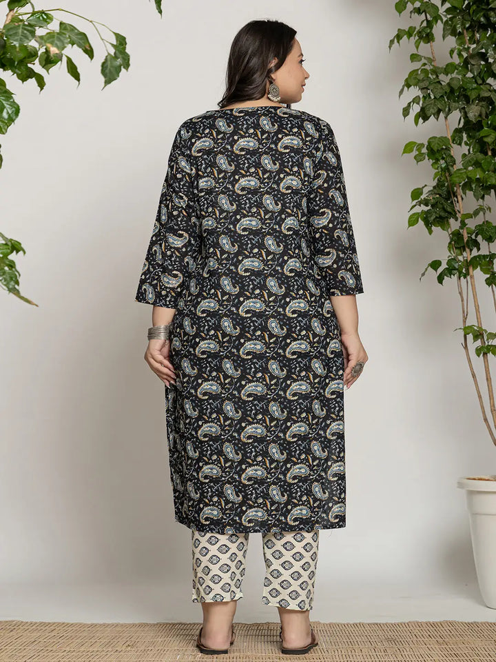 Cotton Black Printed Plus Size Kurta Dupatta Set
