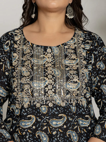 Cotton Black Printed Plus Size Kurta Dupatta Set