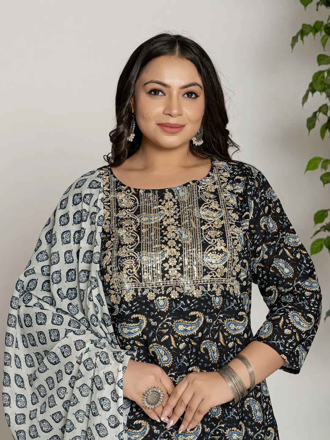 Cotton Black Printed Plus Size Kurta Dupatta Set