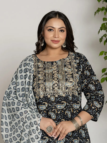Cotton Black Printed Plus Size Kurta Dupatta Set