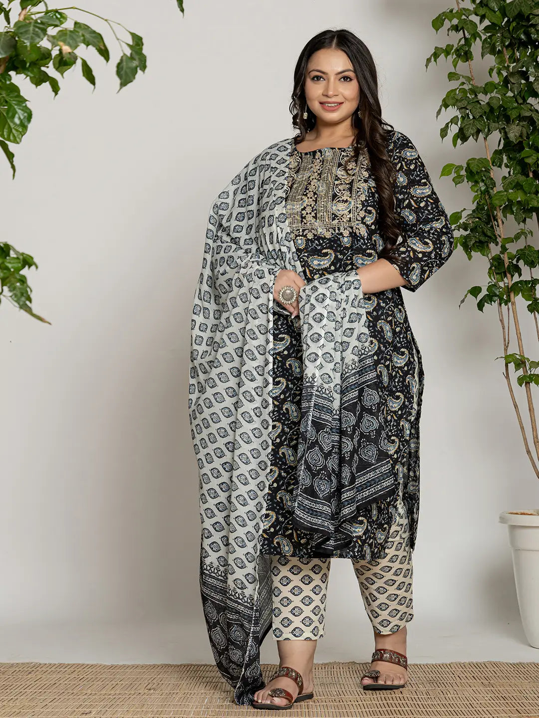 Cotton Black Printed Plus Size Kurta Dupatta Set