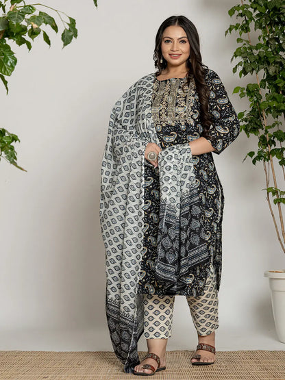 Cotton Black Printed Plus Size Kurta Dupatta Set