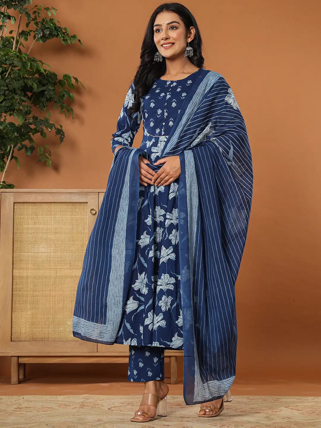 Cotton Blue Anarkali Dupatta Set