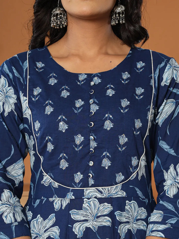 Cotton Blue Anarkali Dupatta Set