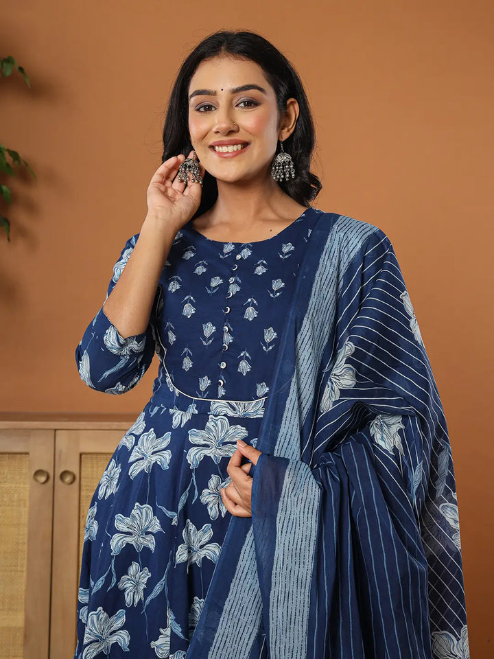 Cotton Blue Anarkali Dupatta Set