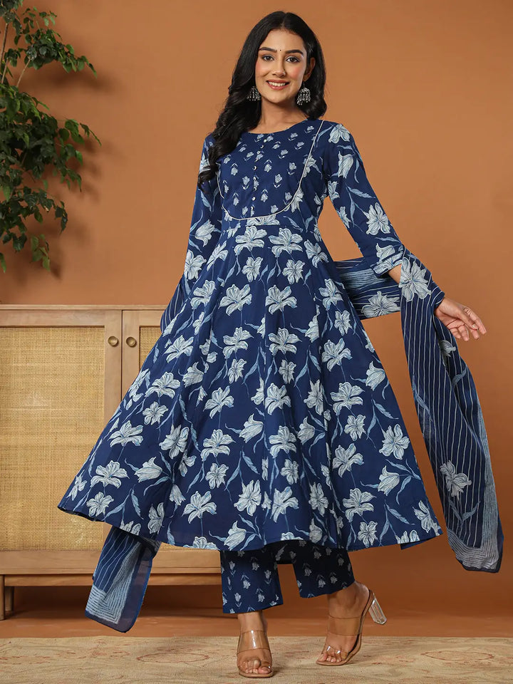 Cotton Blue Anarkali Dupatta Set
